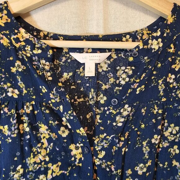 LC Lauren Conrad Blue W/ Yellow Floral High Low Ruffle Boho Tunic Large - Picture 2 of 10